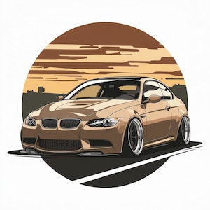 May include: A brown BMW coupe with black wheels and a sunset background.