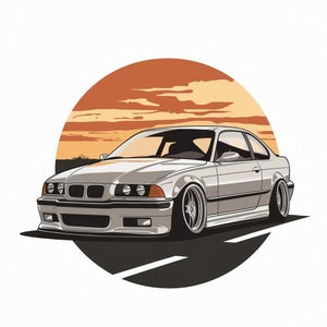 Puede incluir: Un BMW E36 coupé plateado con llantas negras, estacionado en una carretera con una puesta de sol en el fondo.