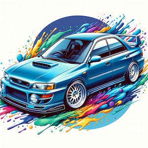 May include: A blue car with a colorful paint splatter background. The car has a black front bumper and black side skirts. The car is a Subaru Impreza WRX.
