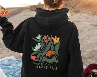 Glücklicher Geist glückliches Leben Hoodie | Übergroßer Blumen Bliss Hoodie, positive Vibes Boho ästhetik Shirt, Wörter auf dem Rücken Hoodie,