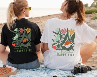 Happy Mind, Happy Life Quote T-Shirt | Oversized Boho Floral Graphic Shirt, Positive Vibes Aesthetic Top, Inspirational Tee