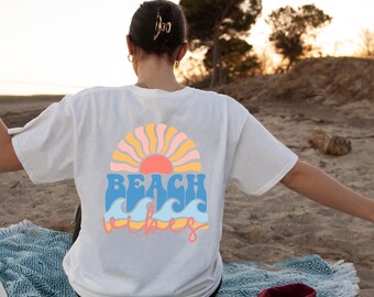 Beach Vibes Shirt | Boho Waves & Sun Graphic Print,  Oversized Ocean Beach Summer Shirt, Beach Day Shirt, Cool Summer Shirt, Girl Trip Tee