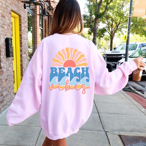 Beach Vibes Sweatshirt Oversized Boho Wave Sun Graphic Sweater