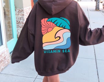 Retro Beach Hoodie  with Vitamin Sea Charm | Oversized Summer Hoodie, Boho Seashell Graphic Pullover,  Beach Day Hoodie, Girl Trip Shirt