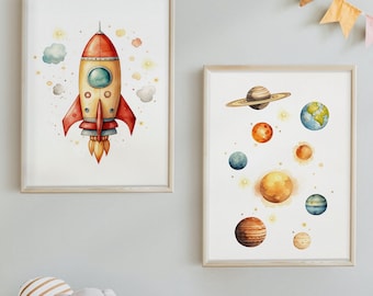 Poster Wall-Art Nursery, Set of 2 Prints, Space Artful Nursery Poster, Space Shuttle Poster, Rocket Print, Planet Wallart, Boys Space Poster