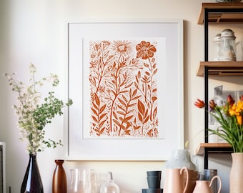 Flower Poster Download Art Print, Instant Digital Download Print, Wall Art Printable Gallery Wall, Lino Print Art, Botanical Print Vintage