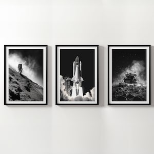 Space Exploration Prints, Space Shuttle Poster Set of 3 for Space Lovers, Rocket Launch Wall Art, Black and White Photography, Astronaut Art