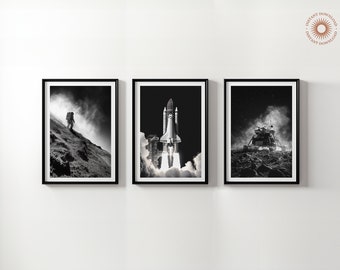Space Exploration Prints, Space Shuttle Poster Set of 3 for Space Lovers, Rocket Launch Wall Art, Black and White Photography, Astronaut Art