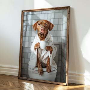 Vizsla Dog on Toilet in Bathroom Print, Quirky Toilet Art, Wash Your Paws, Digital Download, Vizsla Portrait, Vizsla Dog with Bathrobe
