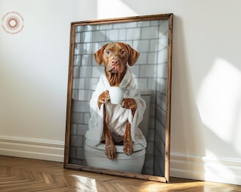 Vizsla Dog on Toilet in Bathroom Print, Quirky Toilet Art, Wash Your Paws, Digital Download, Vizsla Portrait, Vizsla Dog with Bathrobe