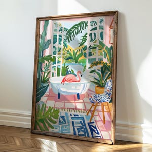 Flamingo in Matisse Style Bathroom Print, Toilet Walldecor, Digital Download, Showering Print, Fun Flamingo Art Print, Pink Maximalist Decor