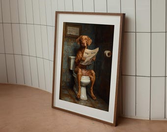 Vizsla reading Newspaper in Bathroom Print, Quirky Toilet Wall Art, Wash Your Paws, Digital Download, Vizsla Portrait, Vizsla Gift, Cute Dog