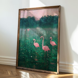 Pink Flamingo Art Print, Flamingo Landscape Lilipads Poster Bathroom Print, Toilet Walldecor, Digital Download, Vintage Botanical Wall Art