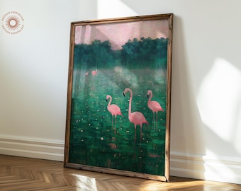 Pink Flamingo Art Print, Flamingo Landscape Lilipads Poster Bathroom Print, Toilet Walldecor, Digital Download, Vintage Botanical Wall Art