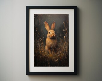 Antique Rabbit Oil Painting, Vintage Easter Bunny Print, Vintage Downloadable Rustic Easter Spring Print, Dark Cottagecore Farmhouse Decor