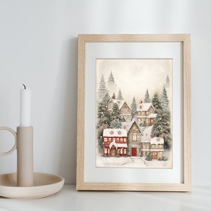 Watercolor Vintage Christmas Town Print, Snowy Winter Landscape Art, Winter printable Wall Art, Holiday Painting, Christmas Village Print