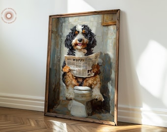 May include: A painting of a dog sitting on a toilet and reading a newspaper titled "Wuffi Times". The dog is brown and black with a white chest and paws. The toilet is white and the newspaper is black and white.
