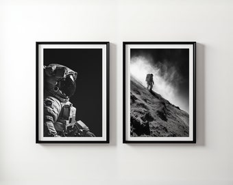 Astronaut Poster Set of 2, Space Prints for Space Lovers, Black and White Astronaut Art, Gift for Him, Outer Space Art Download, Space Decor