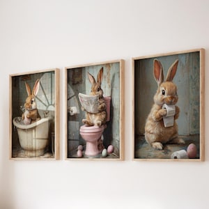 Bunny Wall Art Bundle of 3, Bunny on Toilet Bathroom Print, Quirky Toilet Funny Bunny Wall Art, Rabbit Easter Washroom Art, Digital Download