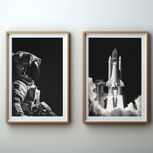 Space Shuttle und Astronaut Poster 2er Set für Weltraumliebhaber, Raketen-Wandkunst, Schwarz-Weiß-Astronautenkunst, Geschenk für Ihn, 2-teilige Wandkunst