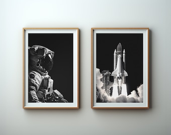 Space Shuttle and Astronaut Poster Set of 2 for Space Lovers, Rocket Wall Art, Black and White Astronaut Art, Gift for Him, 2 Piece Wall Art