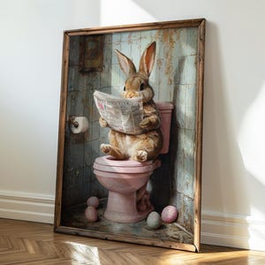 Funny Easter Bunny on pink Toilet Bathroom Print, Quirky Toilet Wall Art, Rabbit in Easter Bathroom, Digital Download, Animal Toilet Humor