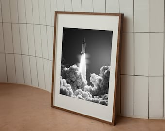 Rocket Launch Art Black and White, Space Shuttle Download Poster, Rocket Art Digital Poster, Wall Art Rockets Printable, Space Posters