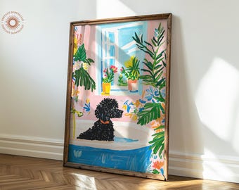 Black Poodle on Toilet Bathroom Print in the Style of Henri Matisse, Quirky Toilet Wall Art, Wash Your Paws, Dog Hund Digital Download
