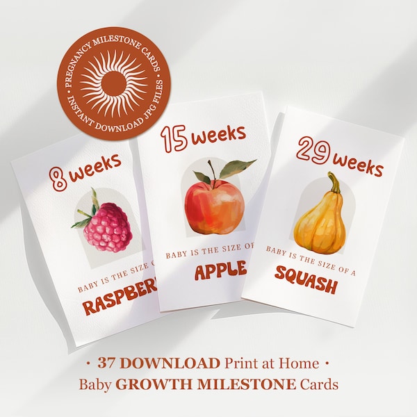 Printable Pregnancy Milestone Cards, Week 4-40, Weekly Fruit Baby Size Cards, Baby Growth Tracking Cards Vegetables, Digital Download