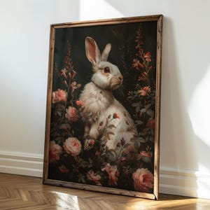 以下が含まれることがあります： ピンクの目をした白いウサギが、ピンクと白の花のベッドに座っています。ウサギは緑豊かな緑の葉に囲まれています。絵は暗い木製の額縁に入っています。