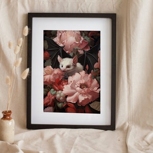 Fruit Bat Art Print, Floral Vintage Oil Painting, Dark Cottagecore Goth Print, Dark Academia Print, Botanical Witchy Wall Art, Goth Bat Gift