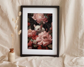 Fruit Bat Art Print, Floral Vintage Oil Painting, Dark Cottagecore Goth Print, Dark Academia Print, Botanical Witchy Wall Art, Goth Bat Gift
