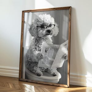 Könnte beinhalten: Ein Schwarzweißfoto eines kleinen weißen Hundes, der eine Brille trägt und eine Zeitung mit dem Titel "Dog Big News" liest, während er auf einer Toilette sitzt.
