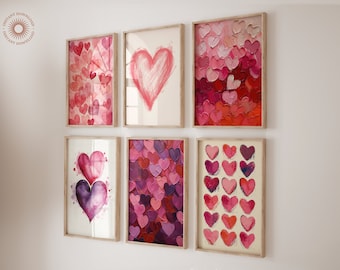 Juego de 8 impresiones de San Valentín con corazones rojos y rosados, arte de pared romántico, regalos para ella, descarga instantánea, galería de San Valentín, juego de pared de galería