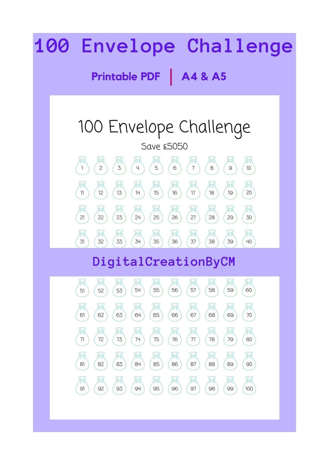 PRINTABLE PDF 100 Envelope Challenge Digital Download - Etsy