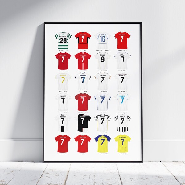 Cristiano Ronaldo Football Shirt Print Career Timeline | Legend Icon | Gift Present Birthday Wall Art Bedroom Office Display Poster Printed