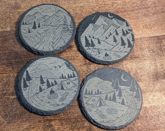 Engraved Slate Coasters - Mountain Scene - Set of 4 - Engraved Coasters Set - Housewarming Gift - Wedding Gift