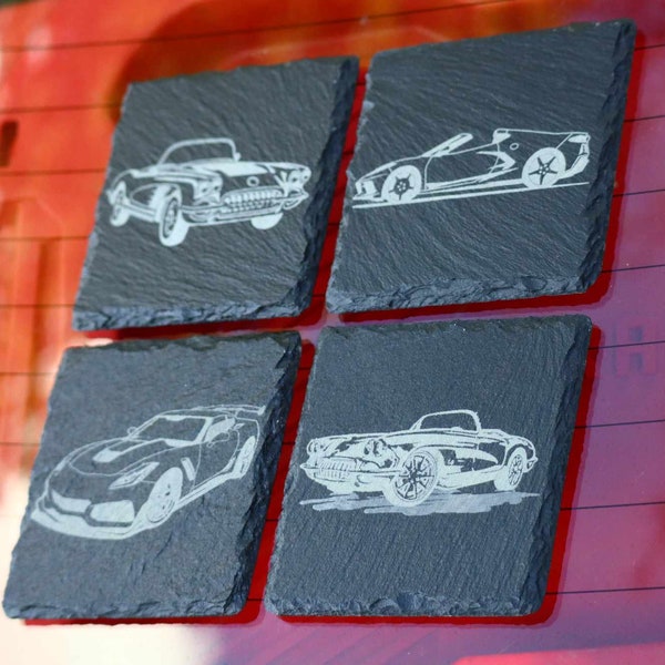 Classic Chevy Corvette Coasters - Set of 4 Engraved Slate - Personalized Fathers Day & Birthday Gift