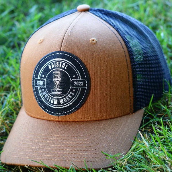 Custom Logo Leather Patch & Trucker Hat - Company Logo Laser Engraved on Leather Patch with Yupoong Trucker Hat