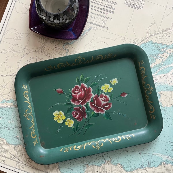 Vintage Metal Floral Tole Painted Serving Tray