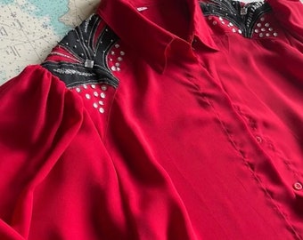 Vintage Red Sequin and Beaded Shoulder Blouse