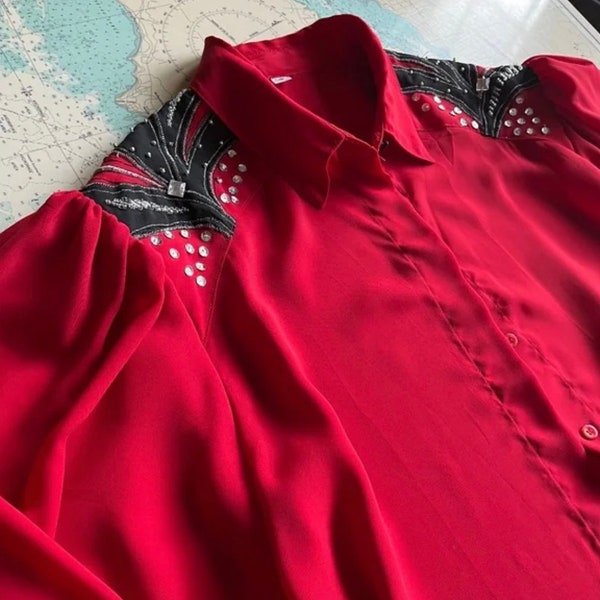 Vintage Red Sequin and Beaded Shoulder Blouse