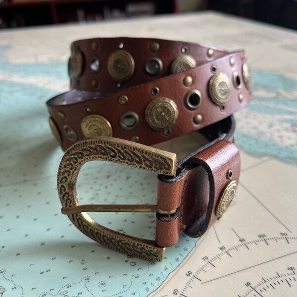 Vintage Brown Leather Belt with Gold Medallions