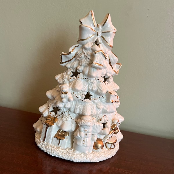 Vintage 90s White Ceramic Christmas Tree with Stars