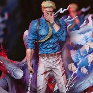 May include: A detailed figurine of a character with blonde hair, wearing a blue shirt, white pants, and a patterned tie. The figure has a watch and is holding a weapon. The pants and shirt have red markings.