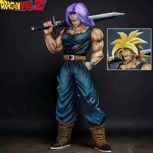 Puede incluir: Figura detallada de un personaje de Dragon Ball Z, con cabello morado y expresión decidida. La figura viste un atuendo azul oscuro y sostiene una gran espada. Una imagen más pequeña del personaje con cabello rubio está en la esquina superior derecha.