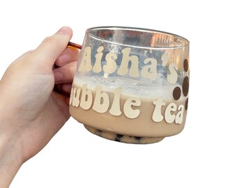 Bubble tea boba popping balls gepersonaliseerde glazen beker met naam "NAME bubble tea" en elke kleur popping balls