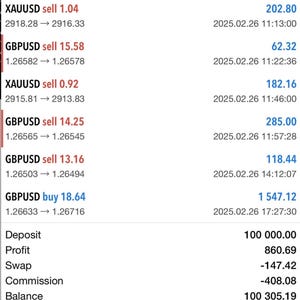 May include: A screenshot of a trading platform interface, displaying currency pair transactions, including XAUUSD and GBPUSD. The interface shows sell and buy orders, along with profit and balance details. The balance is 100 305.19.