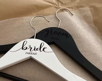 Set of 2 Personalised Bride & Groom Hangers | Engraved Wedding Hangers Black White | Bridal Dress Hanger | Groom Suit Hanger | Wedding Gift