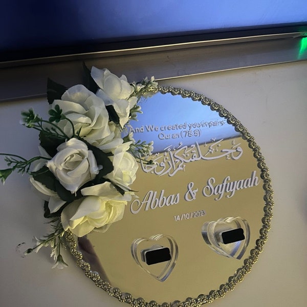 Personalisierter Nikkah-Teller, personalisierter Spiegel-Hochzeitsteller, einzigartiges Geschenk, elegantes Dekor-Nikkah-Tablett mit Ringhaltern, verspiegeltem Nikkah-Stift